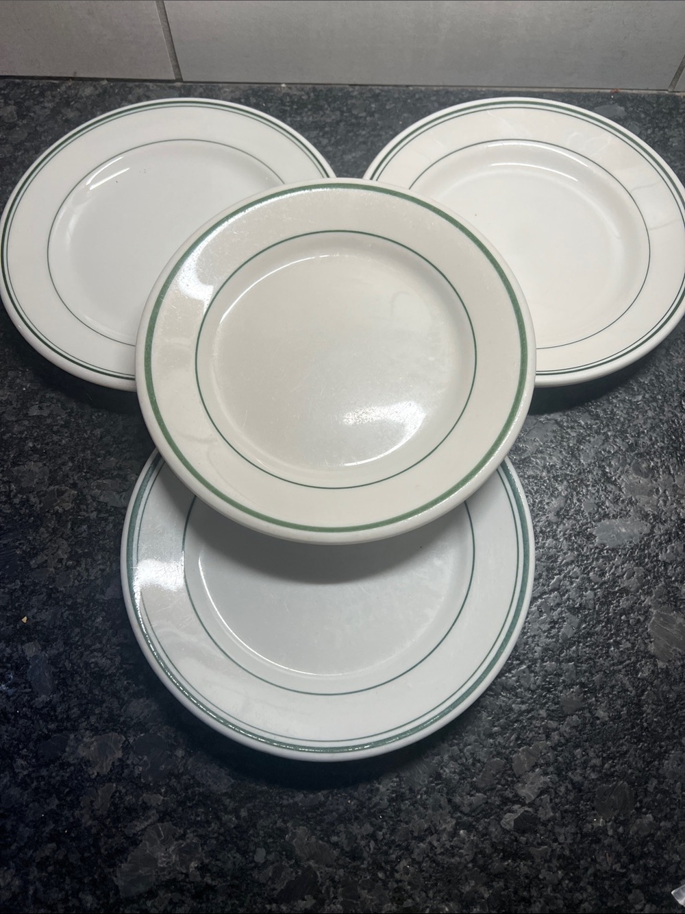 Set of 4 Diner Dishes. RETRO  White Ceramic Salad Plates with Green Rim